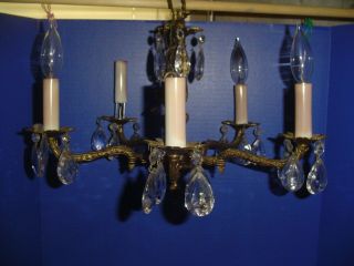 Antique Vintage Retro Brass 5 Arm Chandelier Light Fixture W/ Prisms