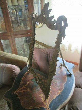 Antique Gold Cast Iron Ornate Standing Vanity Mirror With Easel