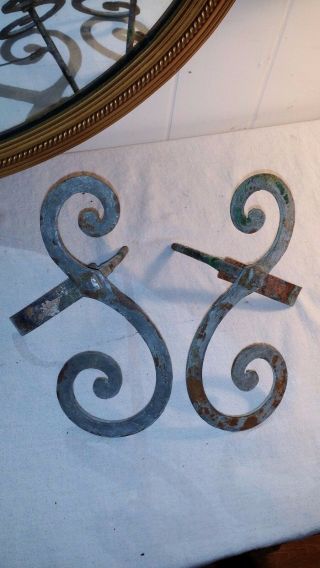 Pair 2 Antique Architectural Wrought Iron Scroll With Copper Stay Shutter Dogs