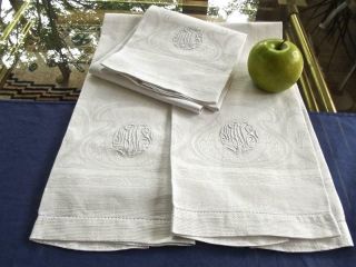 3 Antique Irish Huck Linen Bath Show Towels Nouveau Damask Scrolls Monogram Mws