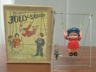 Vintage Jolly Skipper Wind - Up Celluloid Swinging Girl Toy W/orig Box Ck Japan