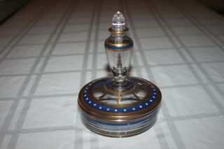 Unique Antique Rare Blue & Gold Perfume Bottle & Powder Dish Glass Handpainted