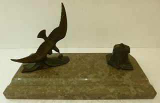 Antique French Art Deco Spelter Marble Bird Seagull Inkwell Pen Rest Desk Top