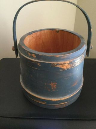 Early Primitive Blue Painted Wood Firkin Bucket