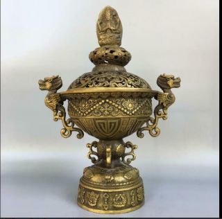 12.  4 " Collect Old China Temple Dragon Buddha Statue Brass Incense Burner Censer