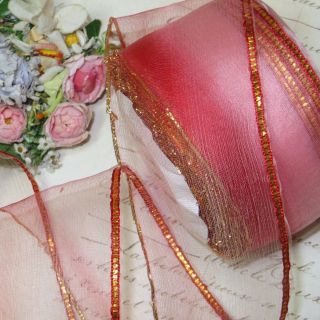 1y Vtg Antique Pink Metallic Thread Ombre Ribbon Trim Flower Rococo Rosette