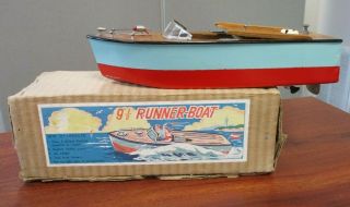Vintage Kk Made In Japan Wooden Battery Operated Runner Boat & Box