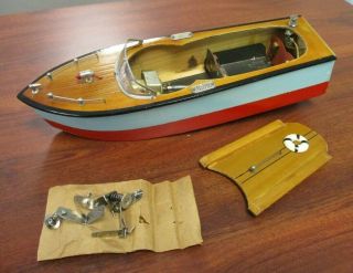 VINTAGE KK MADE IN JAPAN WOODEN BATTERY OPERATED RUNNER BOAT & BOX 3