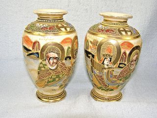 Pair Fine Japanese Satsuma Cabinet Vases C1930s - Kannon & Rakan