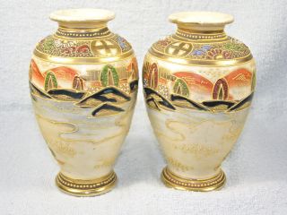 Pair Fine Japanese Satsuma Cabinet Vases c1930s - Kannon & Rakan 3