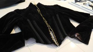 ANTIQUE VICTORIA JACKET,  BLACK/DARK GREEN VELVET WITH GOLD BUTTONS AND BONED 2