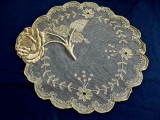 Antique 19c Irish Limerick Net Lace 10 " Doily Fab Hand Embroidery Large Rose Ec