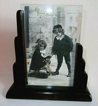 Art Deco Photo Frame; Dark Stained Wood - Lovely Little Boy & Girl Smile Happily
