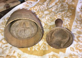 Antique Wooden Butter Press Mold With Wheat Sheaf Carving & Pineapple Carving