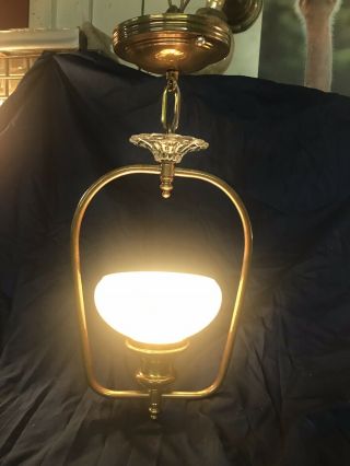 Antique Art Deco Custard Shade Hall Light Fixture Mcm Brass And Glass Restored