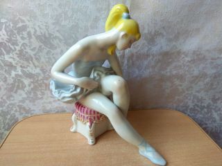 Vintage Old Antique Porcelain Figurine Statue Soviet Ussr Kiev Ballerina On Pouf