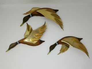 Vintage Brass And Wood Flying Geese Duck Wall Plaques