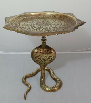 Antique Indian Engraved Brass Pedestal Centrepiece / Tazza With Cobra Base