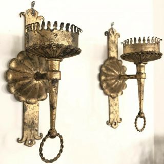 Nr Pair 2 Vtg Spanish Revival Hand Forged Iron Sconce Gothic Candle Torch 1960s
