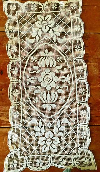 Antique Handmade Bobbin Lace Table Runner / Furniture Scarf Rectangle 36x18 Inch