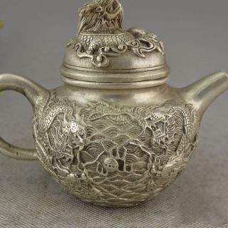 Tibetan Silver Traditional Folk Art Carved Dragon Shape Teapot