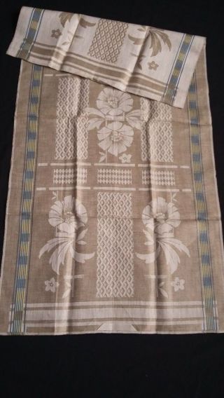 Old Linen Kitchen Runner Ecru With Blue And Yellow Stripes,  Flowers