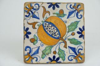 Wonderful Antique 17th Century Dutch Delft Polychrome Tile,  Fruit