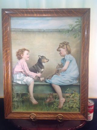 Antique Solid Tiger Oak Framed Picture Bare Foot Children,  With Dog & Cat