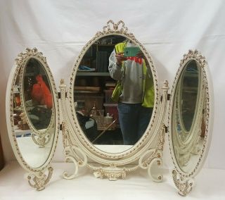 Vintage 3 Panel Shabby Chic White & Gold Dressing Table Mirror