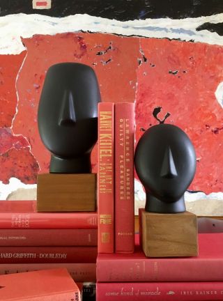 Vtg Mcm (set Of 2) Cycladic Head Sculptures / Matte Black - Bookends / Decor