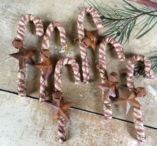 Bendable Fabric Rusty Wire Candy Cane Christmas Ornaments Star Bell Farmhouse