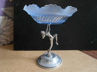 Art Deco Blue Glass Bon Bon Dish With Nude Chromed Dancing Lady Stand