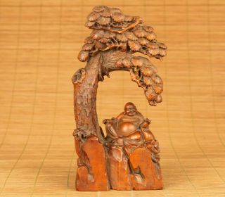 Antique Old Boxwood Buddha Pine Tree Statue Netsuke Worship Blessing Decoration