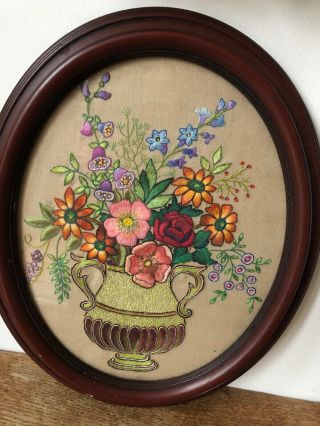 Vintage Hand Embroidered Picture Of A Vase Of Flowers