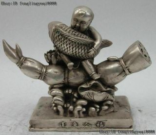 Chinese White Bronze Silver Gilt Boy Hold Fish Lotus Root Wealth Blessing Statue