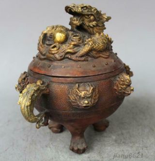 7 " Chinese Copper Gilt Nine Dragon Beast Incense Burner Statue
