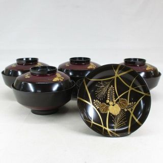 F808: Japanese Old Lacquer Ware 5 Covered Bowls With Makie Of Good Pattern