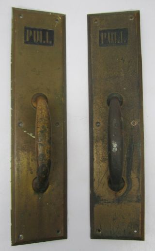 Pair 2 Vtg Commercial Matching Solid Brass Door Pull Handles Plates Large J5