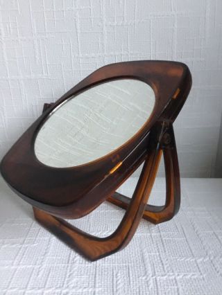 Mid Century Vintage 70s Faux Tortoise Shell Plastic Vanity Mirror Hinged Stand