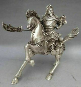 Chinese Collectable Tibet Silver Warrior God Guan Yu & Horse Statue Aa