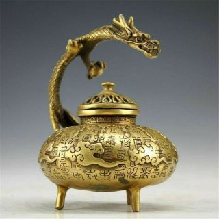 Chinese Old Handwork Tibet Bronze Carved Dragon Incense Burner