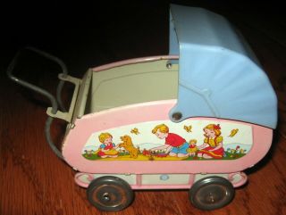 VTG OHIO ART Tin Metal Baby Doll Carriage/Stroller/Buggy retro 1950;s all metal 4