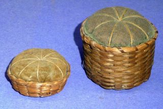 Pare Of Antique Wicker Basket Pin Cushing 