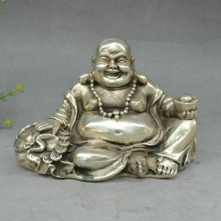 Chinese Buddhism Copper Brass Happy Laugh Maitreya Buddha Gourd Yuan Bao Statue