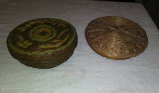 Set Of Two Antique Primitive Wooden Baskets 7 Inches Kanji