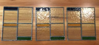 3 Vintage Leaded Stained Glass Windows Craftsman Prairie Style Geometric
