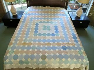 Vintage All Cotton Some Feed Sack Hand Pieced Octagon Tile Quilt Top,  85 " X 77 "