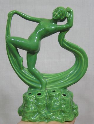 Vtg Art Deco Figural Dancing Lady Flower Frog Green Made In England