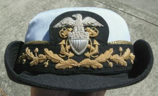 Ww2 Us Navy Officer Wave Searsucker Hat - Lt Cmdr - Bullion Hat Badge -