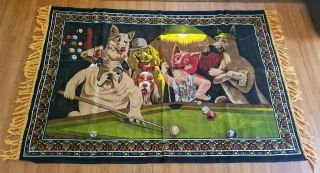Vtg Dogs Playing Pool Tapestry Velvet Style Smoking Cigars Man Cave Wall Hanging